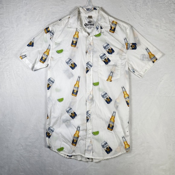 Corona Extra Beer Button Up Shirt Short Sleeve White Graphic Mens - Picture 1 of 8